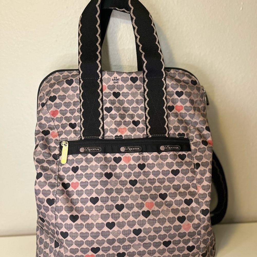 LeSportsac Heart Pattern Backpack - Black and Gray with red accents. - Picture 5 of 10